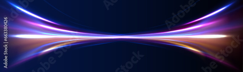Glowing spark swirl trail tracing on dark blue background. Abstract light lines of movement and speed. Light line moving with speed.