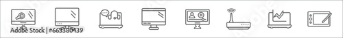 outline set of computer line icons. linear vector icons such as monitor with mouse cursor, computer monitor, online support, full computer, video lecture, wireless connectivity, laptop stream