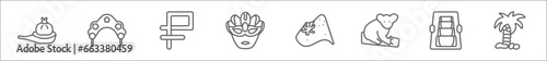 outline set of culture line icons. linear vector icons such as wontons, kokoshnik, ruble, brazil carnival mask, australian flag, australian koala, egg roll, coconuts palm tree of brazil