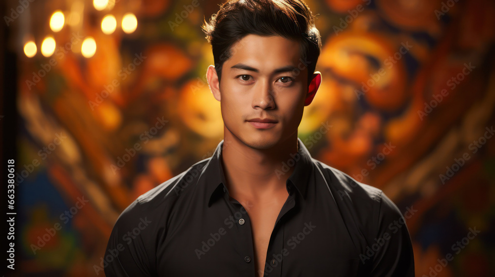 Fototapeta premium Confident Asian Man with Bokeh Lights - Portrait of Handsome Young Gentleman