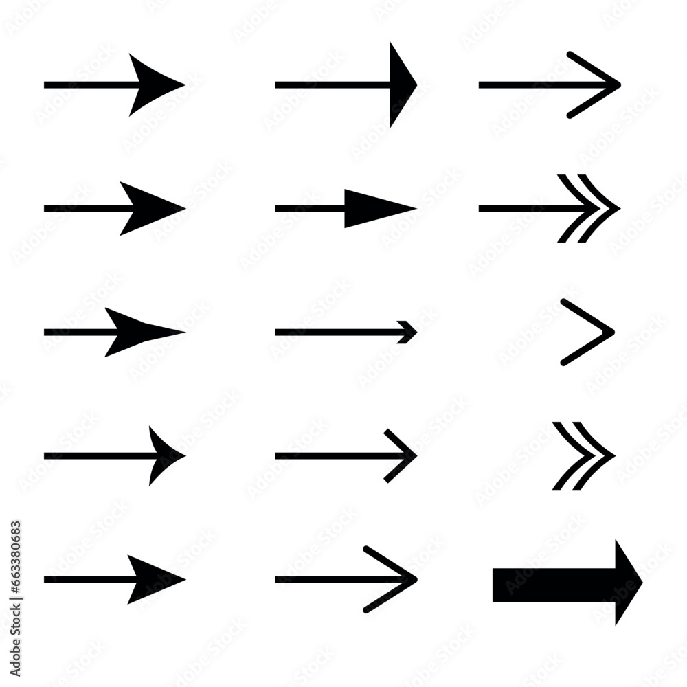 Icons of arrow set. Black arrows isolated on white background. Vector illustration.