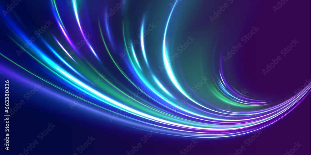 Fototapeta premium Acceleration speed motion on night road. Illustration of light ray, stripe line with blue light, speed motion background. Glitter blue wave light effect. 
