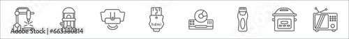 outline set of electronic devices line icons. linear vector icons such as laser hine, garbage disposal, smoke detector, hdmi, dvd player, trimmer, pressure cooker, television photo