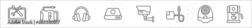 outline set of electronic devices line icons. linear vector icons such as operating system, electric pencil sharpener, devices, drive, video surveillance, magsafe, air purifier, espresso maker