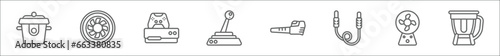 outline set of electronic devices line icons. linear vector icons such as rice cooker, turbine, console, joystick, leaf blower, sound cable, electric fan, food processor