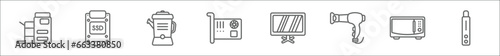 outline set of electronic devices line icons. linear vector icons such as copier, ssd, pertor, sound card, smart tv, blow dryer, convection oven, vaporizer