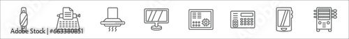 outline set of electronic devices line icons. linear vector icons such as smartband, typewriter, exhaust hood, lcd, motherboard, burglar alarm, phones, rotisserie