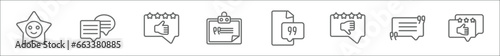 outline set of feedback line icons. linear vector icons such as satisfied, comments, good review, clipboards, quotation, bad review, quote, testimonial