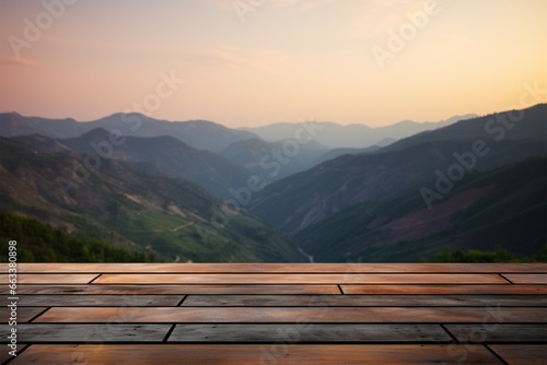 Natures beauty Wooden table with a sunset sky and mountain blur