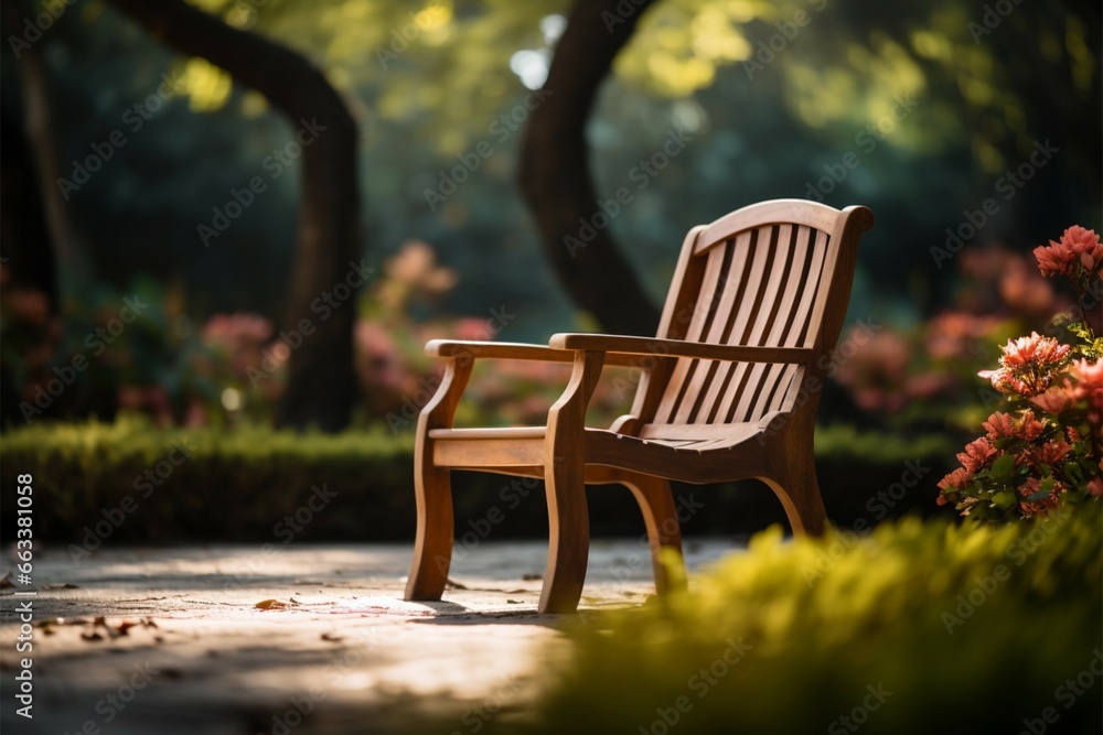 Natures embrace wooden chair amid gardens blur, inviting relaxation