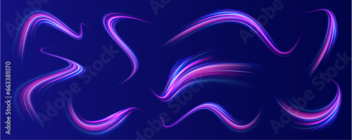 A set of light lines in the form of swirls and waves. Illustration of high speed concept. Motion light effect for banners. The effect of speed on a blue background. 