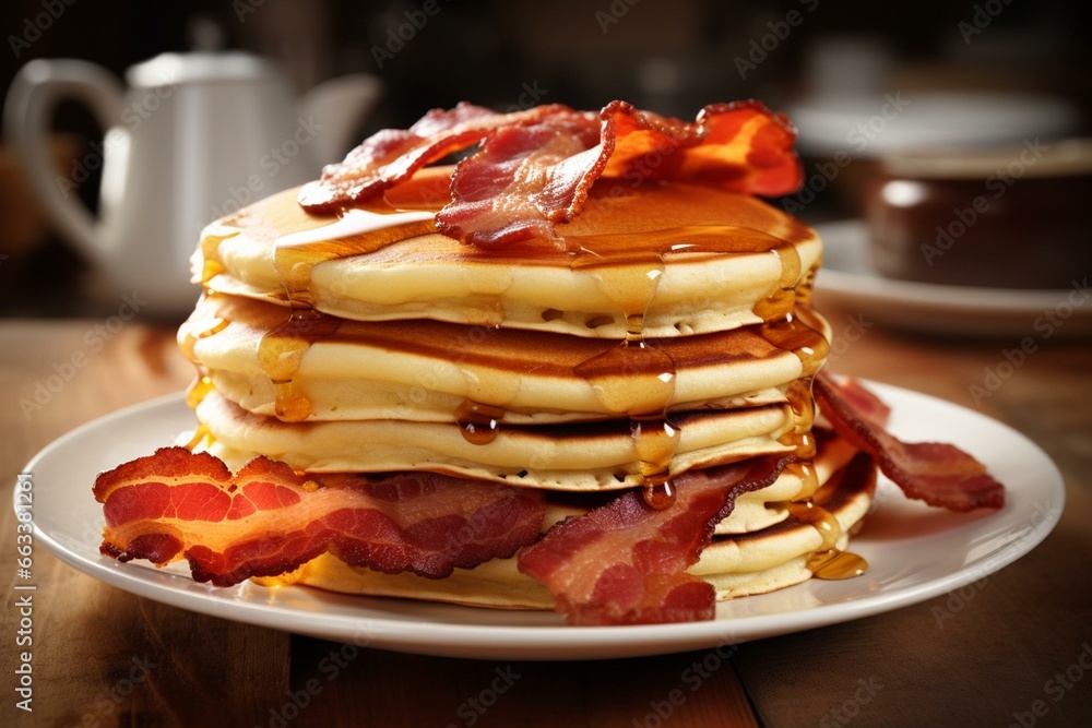 A delicious morning meal: pancakes and bacon. Generative AI - obrazy, fototapety, plakaty 