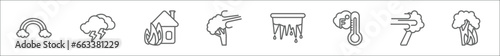 outline set of meteorology line icons. linear vector icons such as climate, thunder cloud, house on fire, wind and bend trees, icicle, farenheit, wind and bent fir, burning tree photo