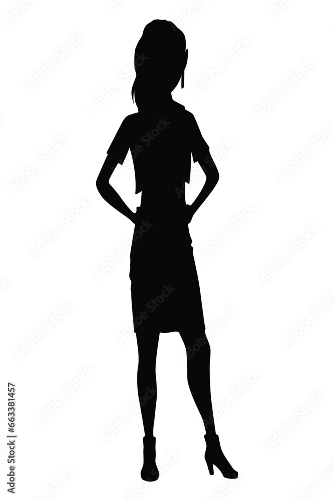 Women silhouette with style clothing. Vector standing people in black color isolated on white background Women silhouette with style clothing. Vector standing people in black color isolated on white background