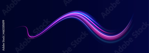 Light arc in neon colors, in the form of a turn and a zigzag. Creative vector illustration of flying cosmic meteor, planetoid, comet, fireball isolated on transparent background. 