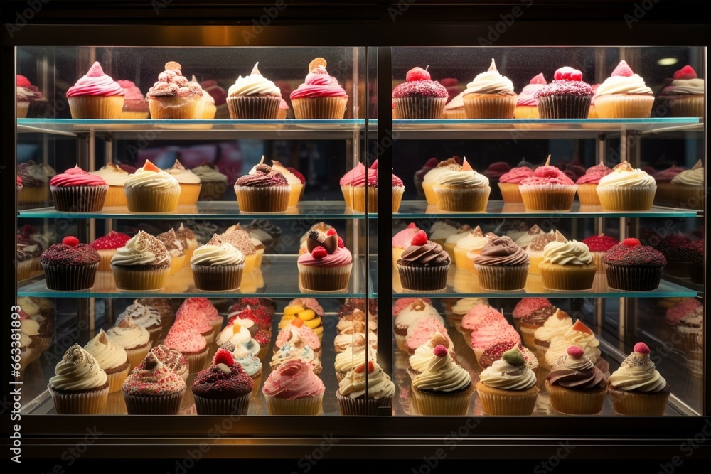 A display case filled with a variety of cupcakes in a bakery window with frosting and toppings. Generative AI