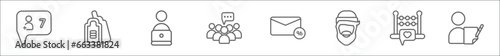 outline set of blogger and influencer line icons. linear vector icons such as follow, label, work, community, email, hipster, counting, copywriter