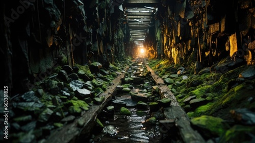 Abandoned Copper Mine Relic. Collapsed Timbered Underground Tunnel 