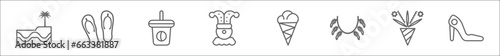 outline set of brazilia line icons. linear vector icons such as sea, flip flops, soft drink, joker, ice cream, necklace, confetti, high heel