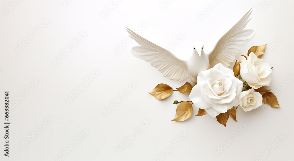 Pomba da paz e rosas brancas, folhas douradas. - obrazy, fototapety, plakaty 