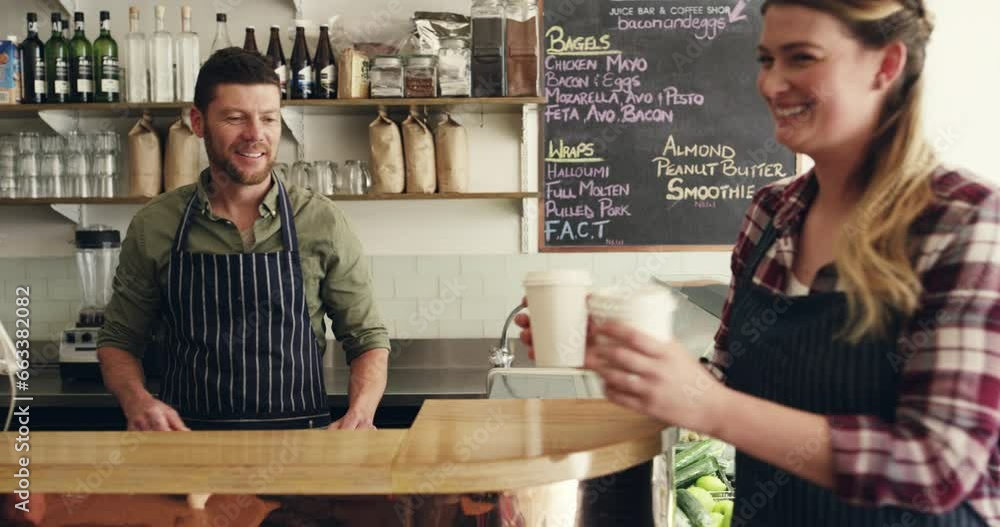 Coffee shop, staff and barista team service or waitress with espresso purchase of customer in a cafe or small business. Server, restaurant and employee with latte, cappuccino or drink in store Coffee shop, staff and barista team service or waitress with espresso purchase of customer in a cafe or small business. Server, restaurant and employee with latte, cappuccino or drink in store