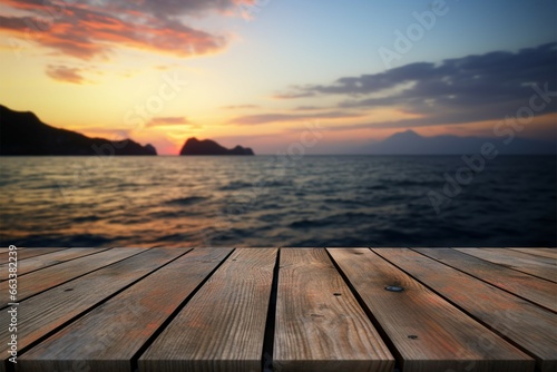 Oceanic tranquility Wooden table framed by the blurred beauty of a sea sunset © Jawed Gfx
