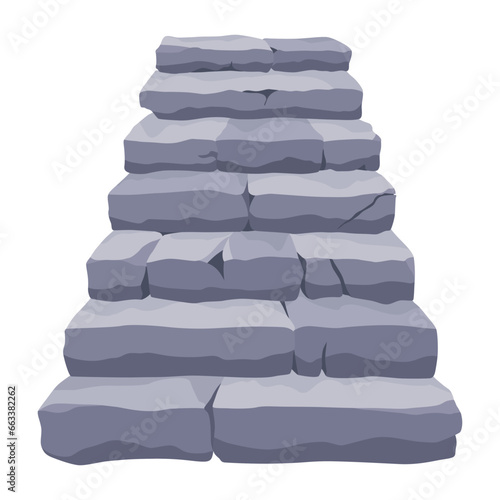 Game castle stairs in cartoon style. Medieval ancient ladder flights without railings, marble step treads or rock risers with cracked details. Vector staircase isolated on white background