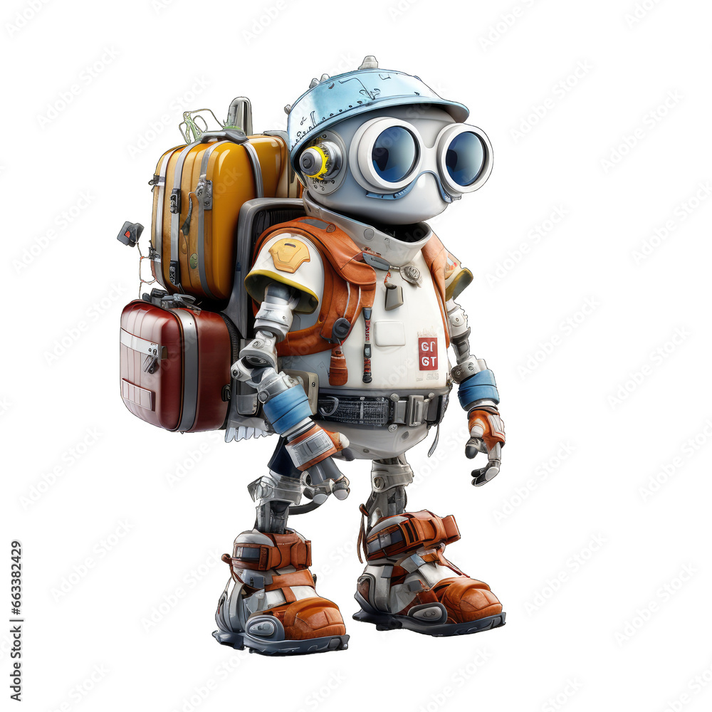 Robotics delivery service concept. Robot courier delivers an order to a customer in a backpack box. Robotics delivery service concept. Robot courier delivers an order to a customer in a backpack box.