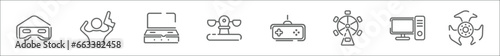 outline set of entertainment and arcade line icons. linear vector icons such as virtual reality glasses, shooter, arcade, playground, controls, amusement park, pc, spinner