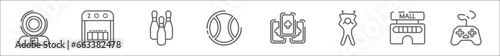 outline set of entertainment line icons. linear vector icons such as crystal, zoo, bowling pins, sports ball, ace of clubs, puppet show, mall, gamepad