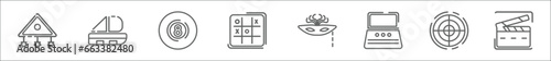 outline set of entertainment and arcade line icons. linear vector icons such as childhood, sailing boat, eight ball, tic tac toe, masquerade, arcade hine, shooting game, clapboard