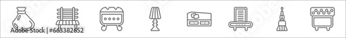 outline set of furniture and household line icons. linear vector icons such as garbage bags, bench, hassock, lamps, daybed, dehumidifier, carpet sweeper, ottoman