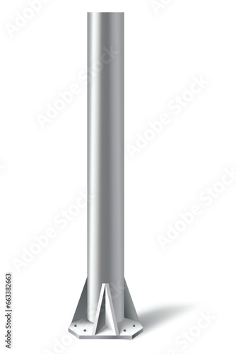 Metal pole pillar. Steel pipe bolted on flat base. Steel vertical cylinder footing for road sign, banner, billboard, isolated on white background. Vector illustration