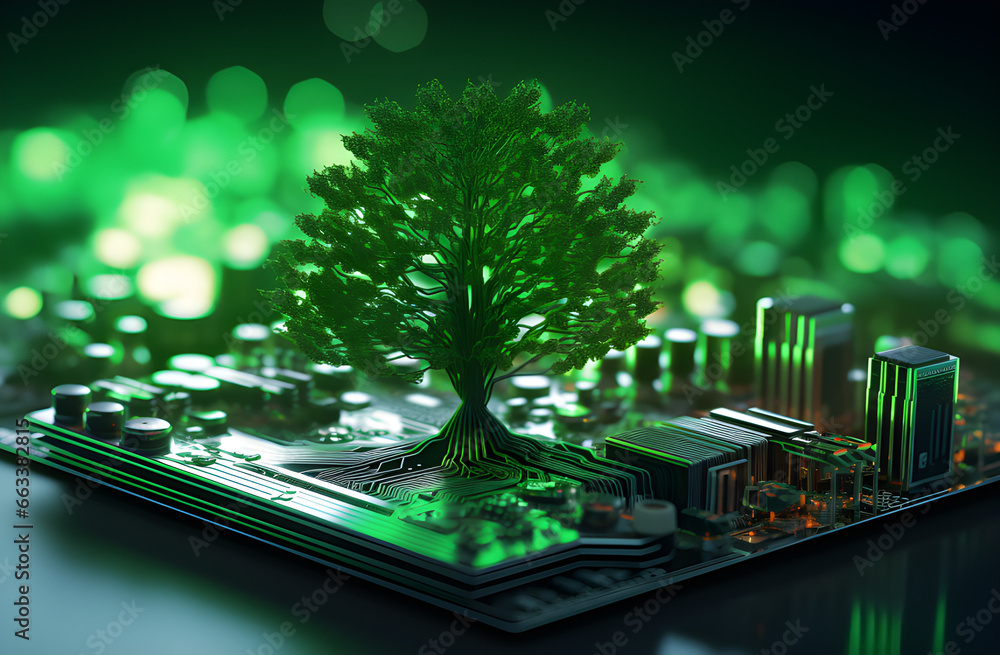 Árvore crescendo no ponto convergente da placa de circuito do computador. Computação verde, tecnologia verde, TI verde, RSE e ética de TI. Conceito de tecnologia verde. Tecnologia verde ambiental.  - obrazy, fototapety, plakaty 