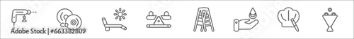 outline set of general line icons. linear vector icons such as perforator, cd record, deckchair, balancer, stepladder, save water badge, chef hat with a pencil, daisy bouquet