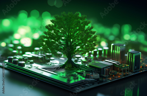 Árvore crescendo no ponto convergente da placa de circuito do computador. Computação verde, tecnologia verde, TI verde, RSE e ética de TI. Conceito de tecnologia verde. Tecnologia verde ambiental.  photo