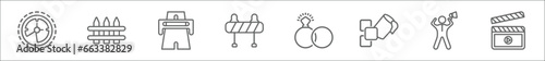outline set of general line icons. linear vector icons such as rewind time, wooden fence, bridge on avenue perspective, traffic barriers, interlocking rings, live paint, leader with loudspeaker,