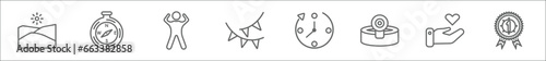 outline set of general line icons. linear vector icons such as sand, compass pointing south east, man with open arms, party decoration, clockwise, head mirror, heart between hands, number one medal