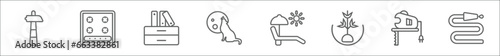 outline set of general line icons. linear vector icons such as sledgehammer, hob, office cabinet, wolf howling, deck chair under the sun, go green badge, fretsaw, hose with drops