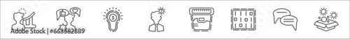 outline set of general line icons. linear vector icons such as user data, social media specialist, invention, quiz, urine test, sound control, text chat, initial coin offering