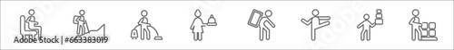 outline set of humans line icons. linear vector icons such as sitting down, man in hike, vacuum cleaning, woman cooking, carrying on back, sportsmen, carrying, storekeeper