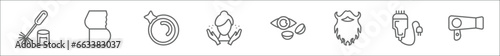 outline set of hygiene line icons. linear vector icons such as toilet brush, body shaming, bubble, face washer, lens, beardy, electric razor, dryer
