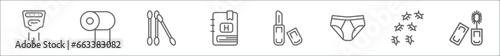 outline set of hygiene line icons. linear vector icons such as hand dryer, tissues, cotton swabs, appointment book, lip balm, underwear, microbes, dolled up
