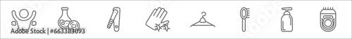 outline set of hygiene line icons. linear vector icons such as body odour, chlorine, nail clippers, pathogen, clothes hanger, primp, pump bottle, epliator