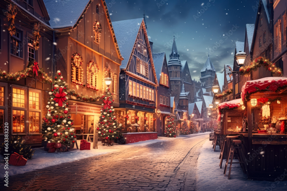 Christmas market in old town square at snowy evening. No people on the street. Decorated Christmas trees. Fairy tale winter scene. - obrazy, fototapety, plakaty 