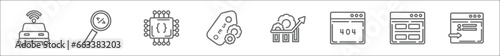 outline set of programming line icons. linear vector icons such as smart car, code review, hardware, seo badge, seo growth, error 404, theme, login