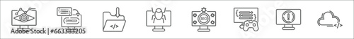 outline set of programming line icons. linear vector icons such as seo monitoring, compiler, archive, bug report, seo reputation, game development, error, cloud storage