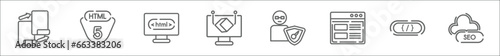 outline set of programming line icons. linear vector icons such as duplicate, html5, html, simulation, authorize, ux de, programming language, seo cloud