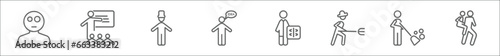 outline set of people line icons. linear vector icons such as confused smile, teacher and students, tall hat, man with an idea, radiologist working, farmer working, sweeper working, give a piggy