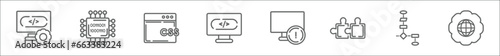 outline set of programming line icons. linear vector icons such as computing, microchip, css, programming, program error, addon, flowchart, cyberspace